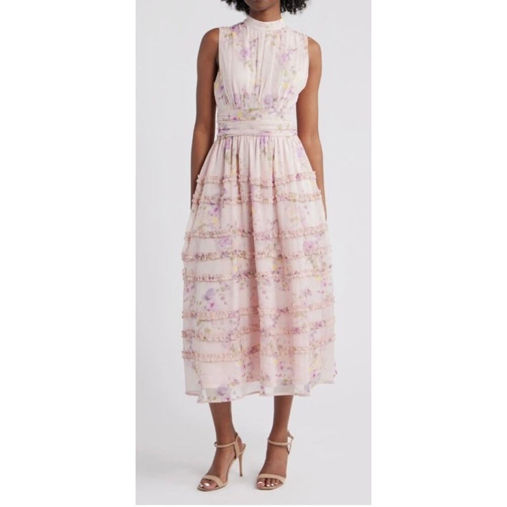 Lulu's Wm's Eden Floral Sleeveless Ruffle Chiffon Floral Pink Dress Lulus Sz #L